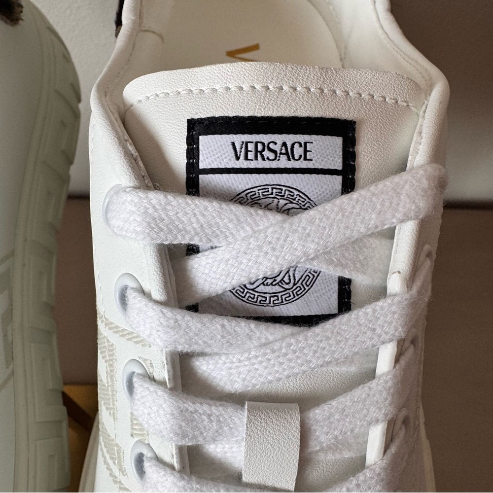 Versace Greca Calf Hair Low Top Sneakers White Leopard Heel Size 39.5 NWT - Picture 6 of 13